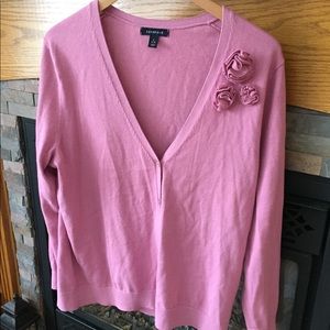 Lands’ End Pink Cotton V-Neck Cardigan Sweater with Rosettes | Size L